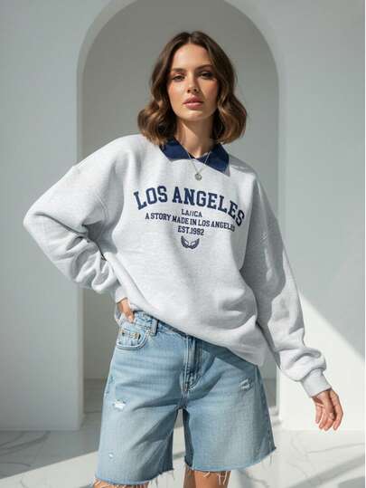 Women's Autumn Casual Sports Letter Graphic Contrast Color Dropped Shoulder Sweatshirt