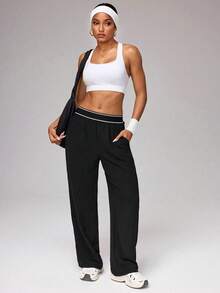 Women's Casual Wide Leg Sports Pants - Black (Multi Color Options), Essential For Spring Outdoor Sports: High Waist With Contrasting Border Elastic Waistband, Loose Fit, Lightweight Fabric, Spring Women's Outdoor Casual Underwear, Versatile Pants For All Seasons | Suitable For Family, Leisure, Sports, Office | All Age Groups (Teenagers To Adults) | Spring And Autumn Sportswear - 黑色 - 查看 5