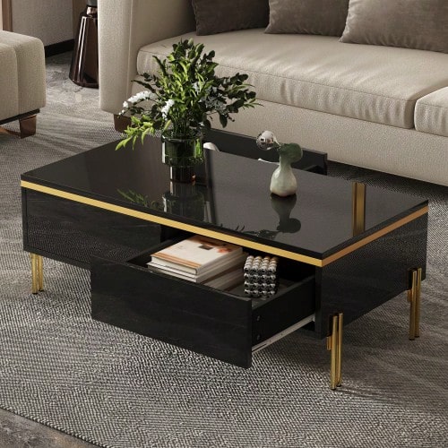 Modern High-Gloss Lacquered Coffee Table, Elegant Side Table, Multifunctional, Living Room Furniture, 100 X 50 X 36 Cm (Length X Width X Height) - Black - View 1