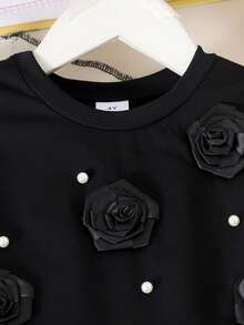 2pcs/Set Young Girl' Energetic 3D Floral Beaded Short Sleeve T-Shirt & Elastic Waist Pants Set, Summer - Black - View 4