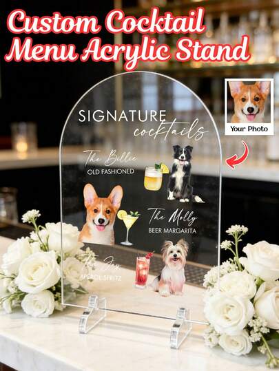 1pc Personalized Dog Cocktail Acrylic Sign, Custom Name Wedding Bar Signature Drink Menu, Funny Pet-Themed Cocktail Sign For Wedding Reception, Bridal Shower & Engagement Party, Elegant Clear Acrylic Bar Decor, Unique Custom Wedding Keepsake & Party Table Display