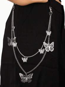 1pc Men Silver Metal Trouser Chain Fashionable Multi Layer Hollow Butterfly Pendant Chain Punk Hip Hop Style Accessory For Jeans Decoration Halloween Summer School Autumn Winter Accessories Halloween Costume Suitable For Teens Youth Men Casual Outdoor Ath MQ19 - 銀色 - 查看 3
