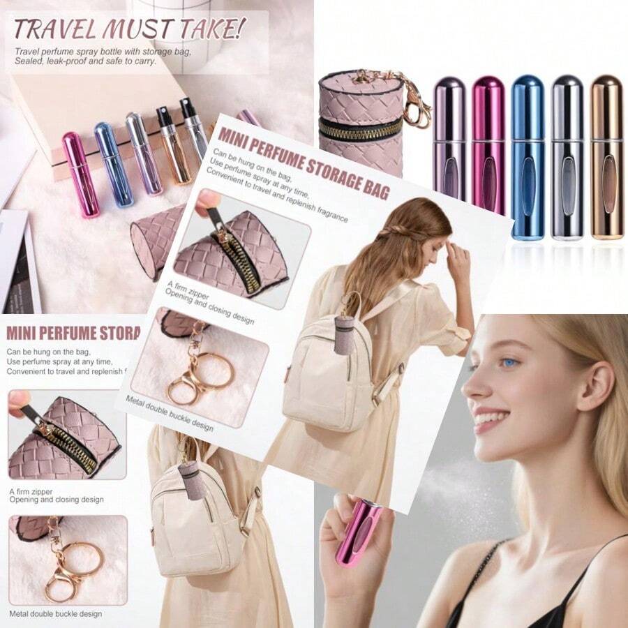 Mini Refillable Perfume Portable Atomizer Bottle 5PCS Travel Size Spray Refillable Refill Bottle 5 Ml With Travel And Outgoing Bag - Silver Pink Red Purple Gold - View 1