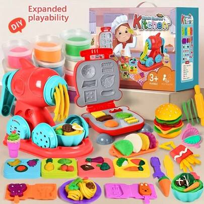 Set de Cocina de Masas de Colores de Lujo | Incluye Horno para Hamburguesas y Fideos, Herramientas de Modelado y Set de Masas de 24 Colores para el Desarrollo de Habilidades Creativas, Ideal para Niños de 3+ Años