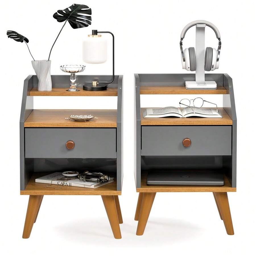 Set Of 2 Dakota Corner Bedside Tables, Retro Style, With 1 Drawer And Niche - Xám - Xem 1