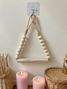 No Drill Vintage Rope & Wooden Bead Design Rustic Style Wooden Toilet Paper Roll Holder, With Jute Rope And Wooden Beads, Wall-Mounted Bathroom Tissue Dispenser, Designed For Wall, Easy To Install, Adhesive Bathroom Accessory - Multicolor - View 3