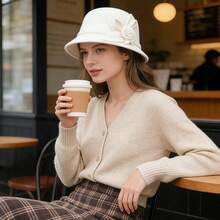 Women Cloche Hat Beret Hat French Vintage Floral Fedora Bucket Hat Bowler Hats Classic Winter Hat 1920s - 米色 - 查看 7