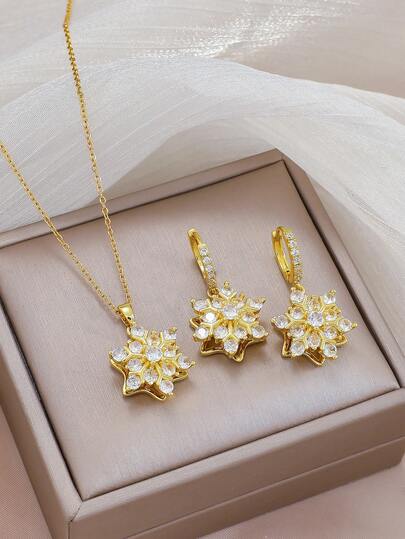 1 Set Exquisite High-End Main Diamond Micro-Inlaid Zirconia Necklace And Earrings Set, Versatile For Daily Commute