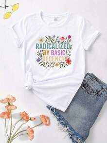 Una Camiseta Casual De Mujer Con Cuello Redondo Y 7 Estampados Gráficos Con Una Imagen Encantadora De Una Activista Por La Justicia Social Y Feminista, Radicalizada Por La Decencia Básica. Esta  De Verano Es Transpirable Y Cómoda. - [Blanco] - Ver 3