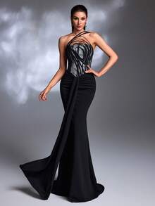 A Black Lace-Paneled Wrapped One-Shoulder High-Slit Lace-Up Mermaid Train Sexy Retro Evening Gown - Black - View 3