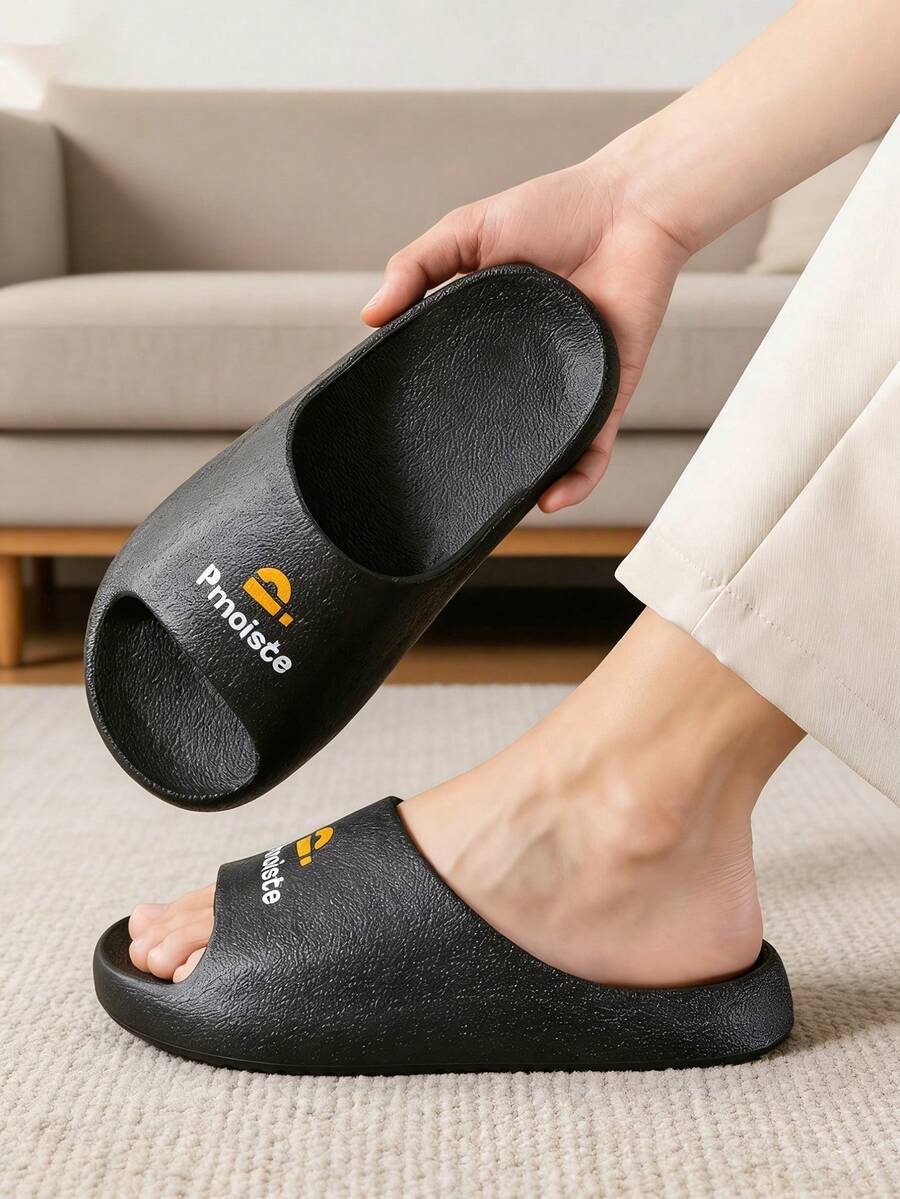 Pmoiste 男女通用加宽加厚家居拖鞋，舒适浴室拖鞋，黑色，夏季款 - 黑色 - 查看 1