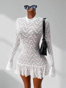 女士时尚优雅性感蕾丝薄纱长袖连衣裙，春夏款 - 杏色 - 查看 9