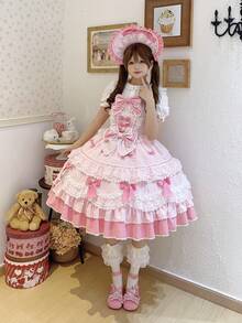Lolita Outfit - Falda con tirantes JSK rosa + gorro BNT rosa - Ver 15