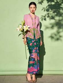 1 pieza Falda de Kebaya elegante con estampado floral para mujeres, falda verde (la parte superior no está incluida), primavera/verano - Verde - Ver 6