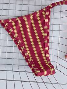 女士性感简约复古魅惑风情两件套休闲度假沙滩旅行派对双面印花挂脖系带泳衣套装，春夏新品 - 紅色 - 查看 6