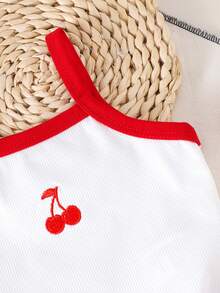 2件套女婴可爱简约樱桃刺绣无袖吊带背心和松紧腰短裤套装，夏季休闲款 - 白色 - 查看 5