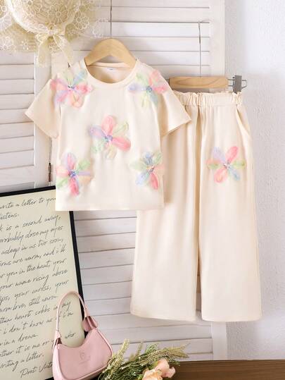 2pcs/Set Girls Casual Colorful Mesh Flower Decor Short Sleeve Top And Pants Set, Summer