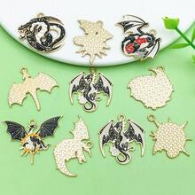 2/10件装合金珐琅黑色哥特式动物飞龙狐狸系列吊坠饰品制作DIY钥匙扣耳环吊坠各种设计饰品配件，适用于制作手链项链 - 黑色 - 查看 4