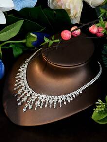 1 Set de Joyería Lujosa, Decoración de Hojas y Geométrica de Circonita Cúbica, Adecuado como Regalo de Compromiso para Mujeres - Plateado - Ver 7