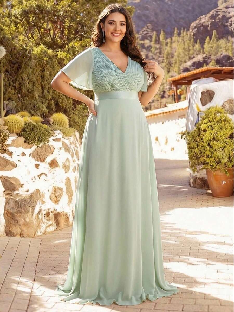 EVERPRETTY Đầm phù dâu cỡ lớn màu xanh lá cây nhạt thanh lịch cổ chữ V xếp ly ngực, đầm dự tiệc cưới, đầm dự tiệc mùa xuân.