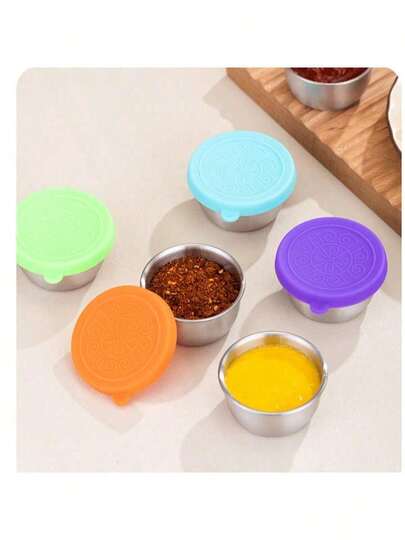 Taza de salsa de acero inoxidable 304 con tapa de silicona, taza de salsa con tapa de acero inoxidable 304, plato para mojar para filete, salsa de tomate, taza de salsa portátil para camping al aire libre, plato para mojar ensalada de tomate y barbacoa portátil al aire libre, caja de condimentos, frasco de condimentos