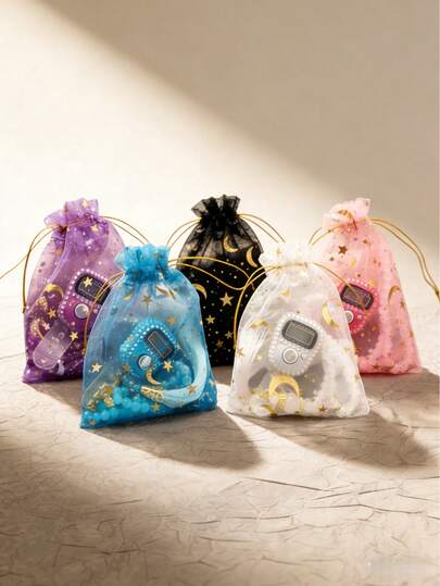 1 Set Star & Moon Pendant Bracelet Ring With Luminous Counter Bag, Ramadan Prayer Set, Star & Moon Print Gift Bag, Ramadan Gift, Electronic Tasbih Ring Ramadan Counter