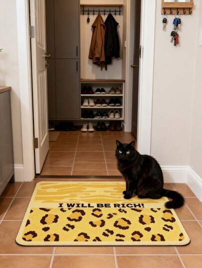 1pc Yellow Ombre Leopard Print Entrance Mat Carpet, "I Will Be Wealthy" Letter Slogan American Retro Stylish Living Room Floor Mat, Rustic Textured Decorative Carpet With Pink Contrast Color
