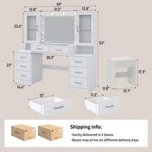 Yanosaku 59'' W Large Vanity Desk With Lights And Mirror, White Makeup Vanity With Power Outlet, 8 Drawers & 2 Cabinets, 3 Lighting Modes Brightness Adjustable, Glass Top Vanity With Chair For Bedroom - Xem 4