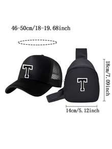 2pcs/Set Kids A-Z Letter Mesh Baseball Cap And Bag, Fashionable Sports Sun Hat With Adjustable Buckle, Travel Waist Pack Crossbody Bag - Black - View 10