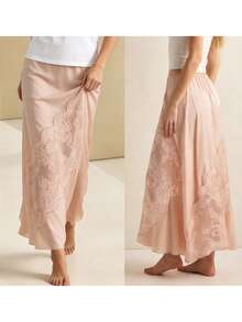 Women's Long Skirt Casual Lace Patchwork Solid Color Stylish Mid Rise Skirt For Spring And Summer - Rosa - Ver 5