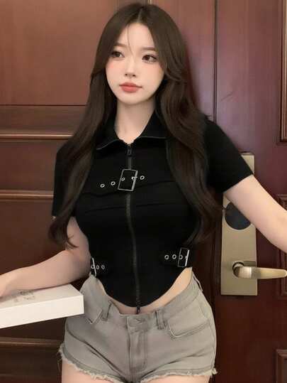 Áo thun nữ cổ polo tay ngắn ôm eo màu trơn, thường ngày, xuân/hè