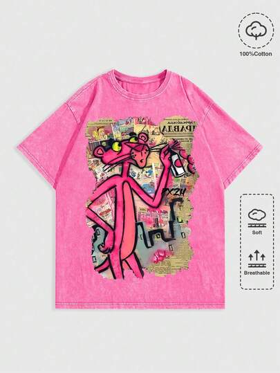 Washed T-Shirt Men Women Unisex Cartoon Character Graffiti Graphic Oversized Short Sleeve Streetwear Tee