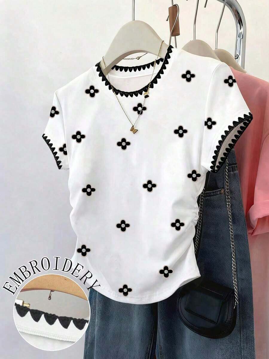 2026 Summer TopsResyla Women's Casual Door T-Shirt, Summer New Design, Blue Tones, Cute Elephant & Heart Print, Versatile For Dates, Back To School, Teacher's DayLoose And Comfortablesummer Shirts - White 2 - 查看 1