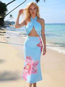 女士优雅浅蓝色碎花露背交叉镂空褶皱腰身鱼尾长裙，时尚性感夏日连衣裙，浪漫海滩度假装扮 - 彩色 - 查看 8