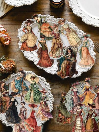50pcs Vintage European & American Character Stickers Transparent PET Material Elegant Creative Designs Perfect For Scrapbooks, Water Bottles, Notebooks, Tablets, Envelopes, Suitcases, And Desk Decor Scrapbook Supplies Stationery Funny Stickers Kindle