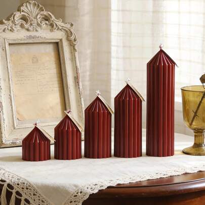 1pc 5cm Nordic Style Burgundy Gear Pointed Top Soy Wax Candle, Smokeless Candle, High-Quality Cylindrical Scented Candle, Suitable For Home Decor, Creating Romantic Atmosphere, Decorative Candle, Candle Holder, Wedding Candle, Scented Candle, Gift For Her, Indoor And Outdoor Use