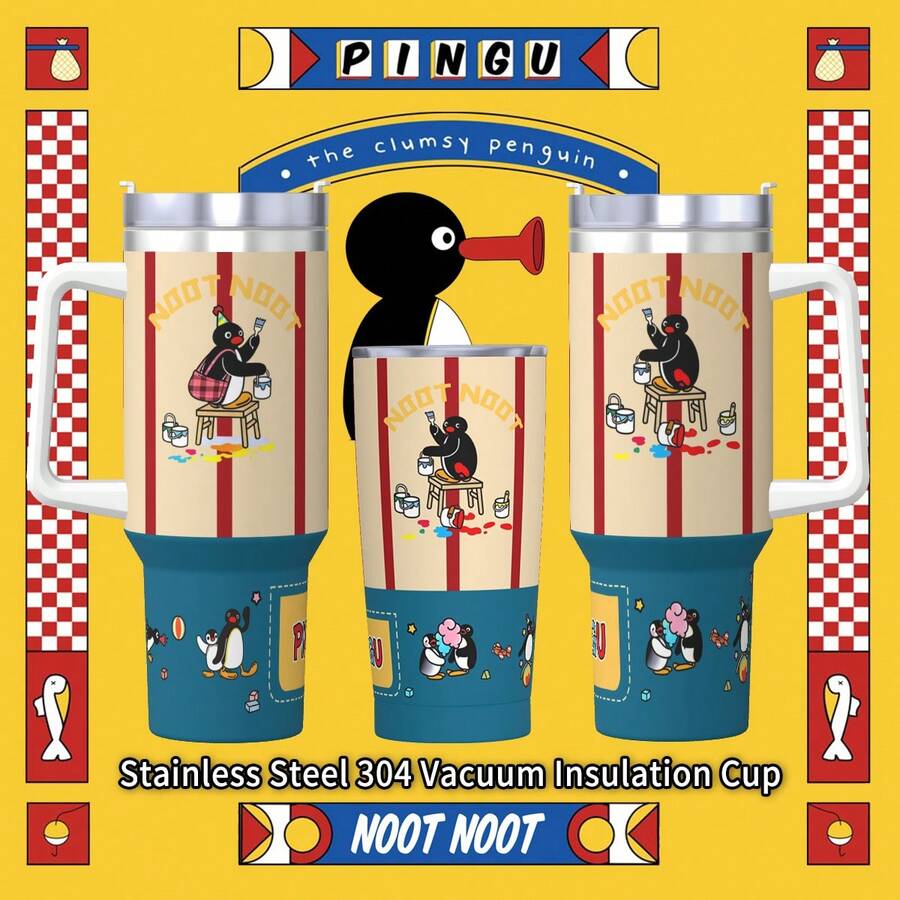 PINGU Themed Stainless Steel Vacuum Insulated Tumbler - "NOOT NOOT!" Penguin Pattern Design - 12 Hour Hot/Cold Thermal Travel Mug, Leak-Proof With Straw, Best Holiday Gift Choice For Anime Fans - Multicolor - View 1
