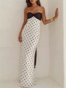 Women Polka Dot Satin Maxi Dress Off Shoulder Tie Back Long Tube Dress Elegant Silk Dresses Cocktail Evening - 白色 - 查看 1