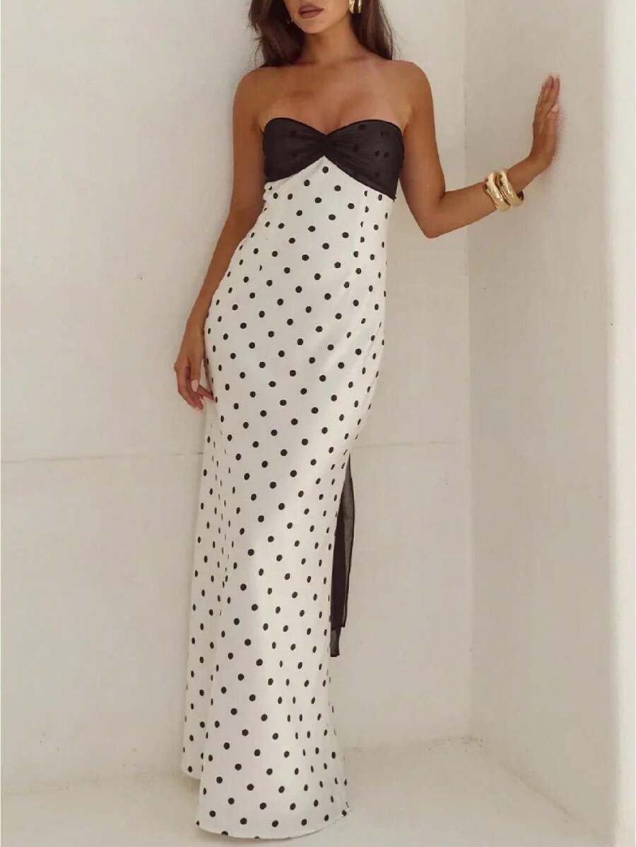 Women Polka Dot Satin Maxi Dress Off Shoulder Tie Back Long Tube Dress Elegant Silk Dresses Cocktail Evening - 白色 - 查看 1