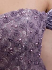 Anpoket New Contrast Lace Off-Shoulder Elegant Evening Gown With Pearl Decor And Ruffle Hem, Suitable For Ball, Wedding, Party, Banquet Guests Spring - Purple - View 7