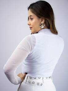 Women's Sheer Tulle Blouse, Long Sleeves, Second Skin, High Neck, Stylish, , Long Sleeve, Winter - trắng - Xem 4
