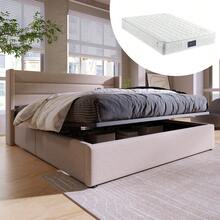 Storage Bed, Upholstered Bed, Hydraulic Double Bed, Dimensions 140x200 Cm. Mattress Included, Wooden Shelf. With Metal Frame. Linen, Grey, Beige. - Beige - View 1
