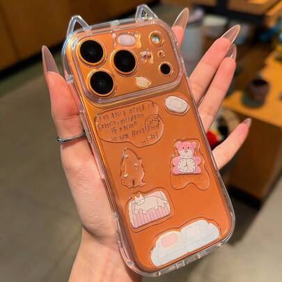 可爱猫咪元素创意DIY动物耳朵造型熊雪人树插画贴纸透明手机壳女孩创意猫耳防震保护套春季礼物复活节