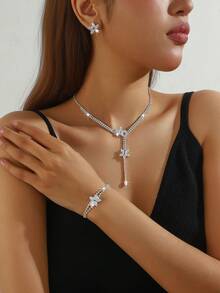 4 piezas Conjunto de joyería de collar, aretes y pulsera con diamante de imitación geométricos de lujo, accesorios elegantes y de moda adecuados para bodas, fiestas y uso diario - Plateado - Ver 2