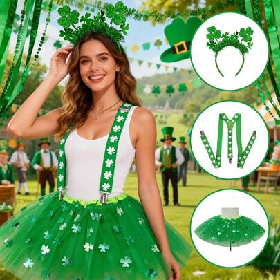 3pcs St. Patrick's Day Four-Leaf Clover Costume Set, Suitable For St. Patrick's Day Parade, Theme Party, Bar Celebration, Halloween, Irish-Themed Team Building, Halloween Fun Styling, Girlfriend Afternoon Tea