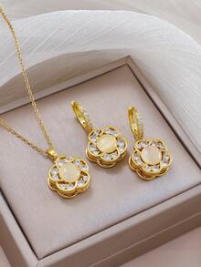 1 Set de Collar y Aretes con Piedra de Ojo de Gato Elegante e Incrustación Micro de Circonita, Versátil para Uso Diario - Multicolor - Ver 5