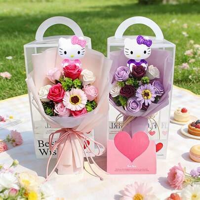 三丽鸥仿真花礼盒，Hello Kitty玫瑰花束，向日葵仿真花，Hello Kitty创意玫瑰，桌面装饰，家居花园装饰，Hello Kitty圣诞节/情人节礼物，派对礼品，拍照道具，给朋友的浪漫生日惊喜