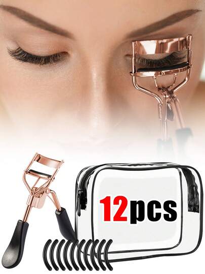 便携式睫毛夹套装（12件套） - 包括1个不锈钢睫毛夹、10个替换硅胶垫、1个彩色透明多功能化妆包。可选颜色：粉色、黑色、黑金、玫瑰红、白色和白金多色套装。适用于眼妆、卷翘和定型睫毛，是赠品、旅行、平价好物和旅行必备品的理想之选。