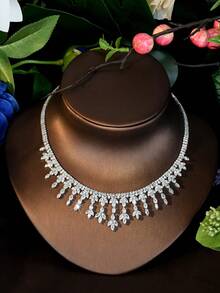 4件套优雅银色立方氧化锆（CZ）渐变流苏项链、配套耳坠、花朵簇拥戒指和点缀网球手链首饰套装，高级立方氧化锆新娘精美首饰，完美适用于婚礼、订婚、晚宴、正式宴会、特殊场合和送礼。 - 銀色 - 查看 7