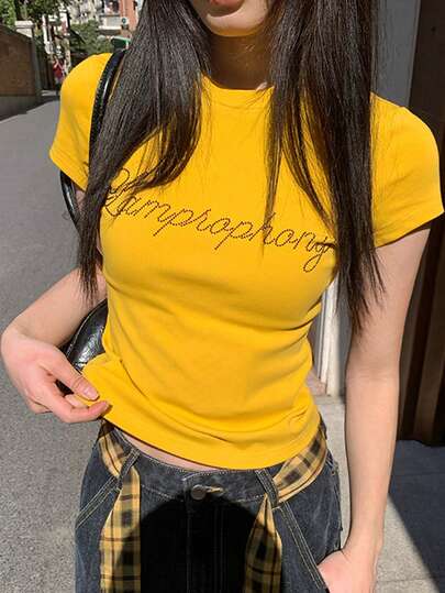 American Style Sexy Yellow Short Sleeve T-Shirt For Women, Summer, Fitted Design With Rhinestone Letter Print